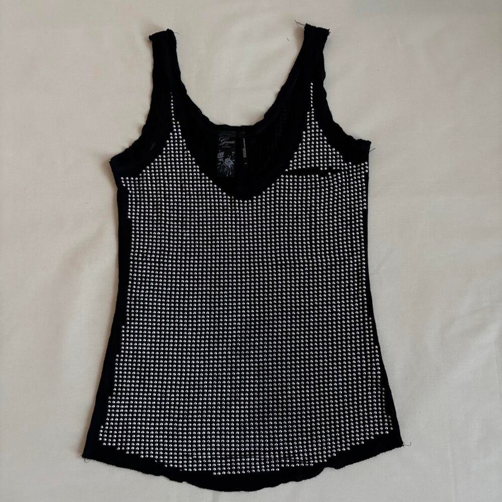 2000s Y2K Guess Los Angeles Black Allover Rhinestone Studded Tank Top - Size XS